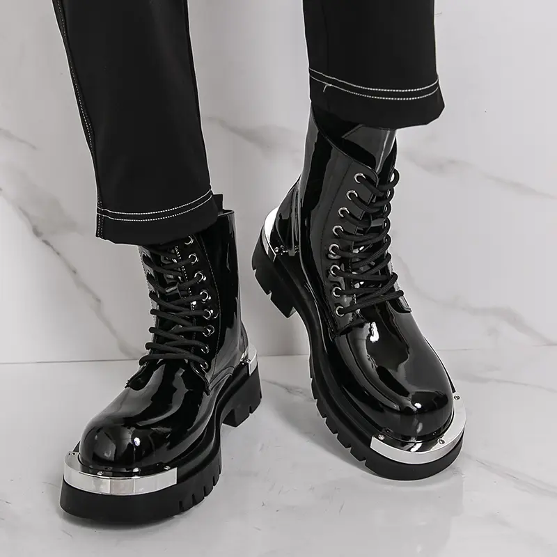 Men’s lace-up thick-soled motorcycle boots, lacquered leather ankle boots with side zipper, comfortable metal round-toe punk outdoor combat boots