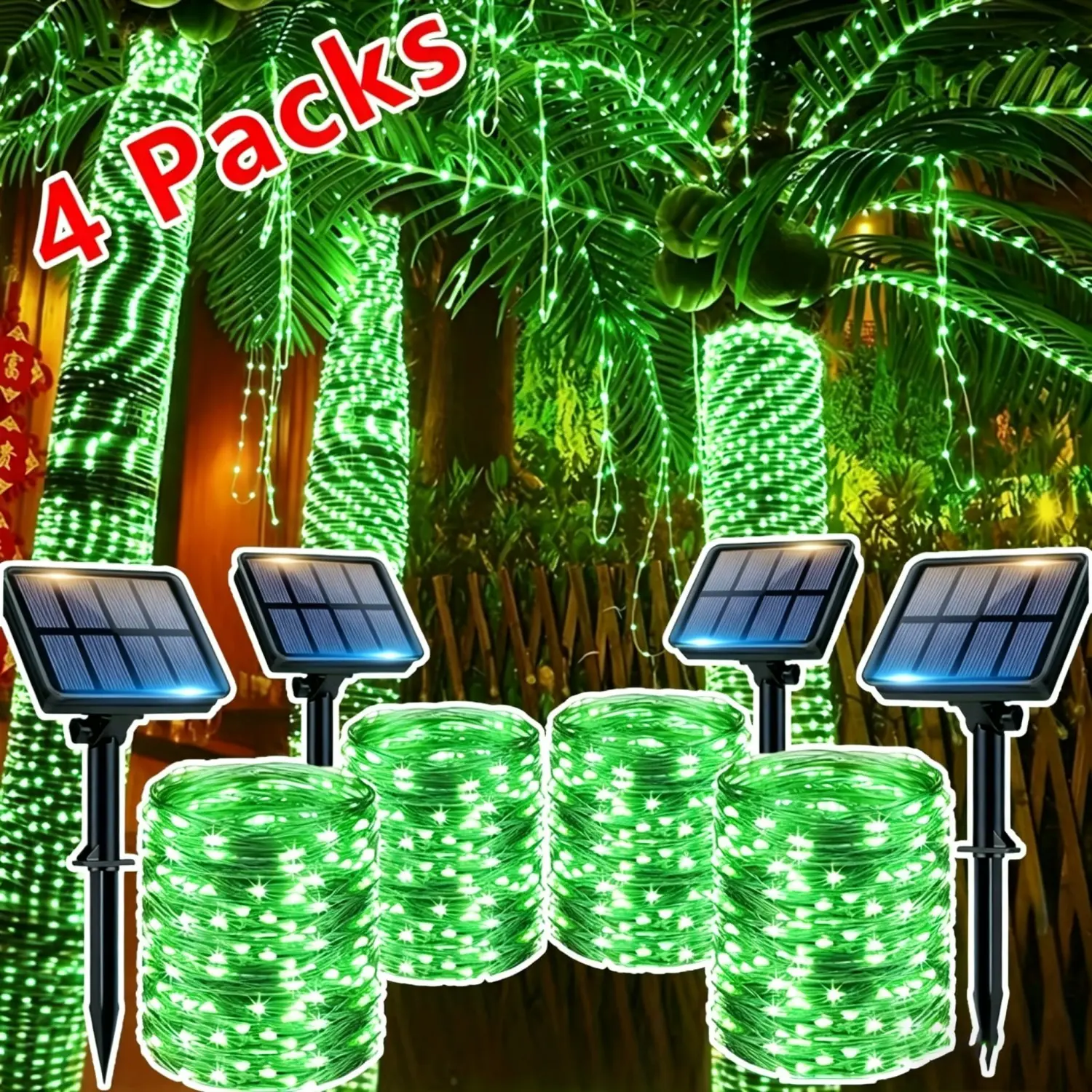 Solar Outdoor Lights Set - 4 Packs, 12m Per Pack with 100 LEDs, IP44 Waterproof, 8 Color Modes, Festive Decor for Christmas, Villas, Garden Parties