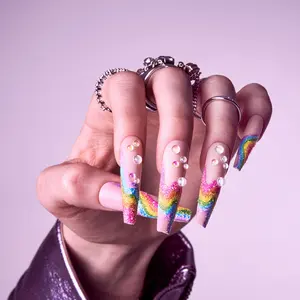 Gold Finger Glitzy 3D Handmade Press-On Nails – Rainbow Sugar Glitter French (3X-Long Coffin)