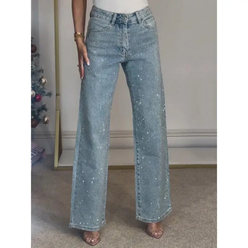 Women's Full Rhinestone Washed Jeans High-Waisted Straight Pants Sexy Long Pants Womenswear Bottom Denim Streetwear Basic Blue 6 pack pants women teacher outfits Minimalist Trouser Pocket Fairy Maternity Leg Light Top men' sweatpants women School