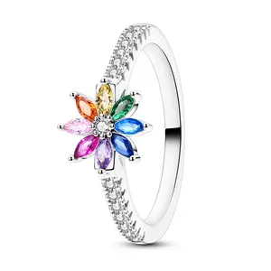NARMO Rainbow Flower Ring | Silver, White Gold Plated, and Zirconia | Vibrant, Colorful Petals with Sparkling Stones | Hope and Positivity Symbol | Perfect Gift for Her