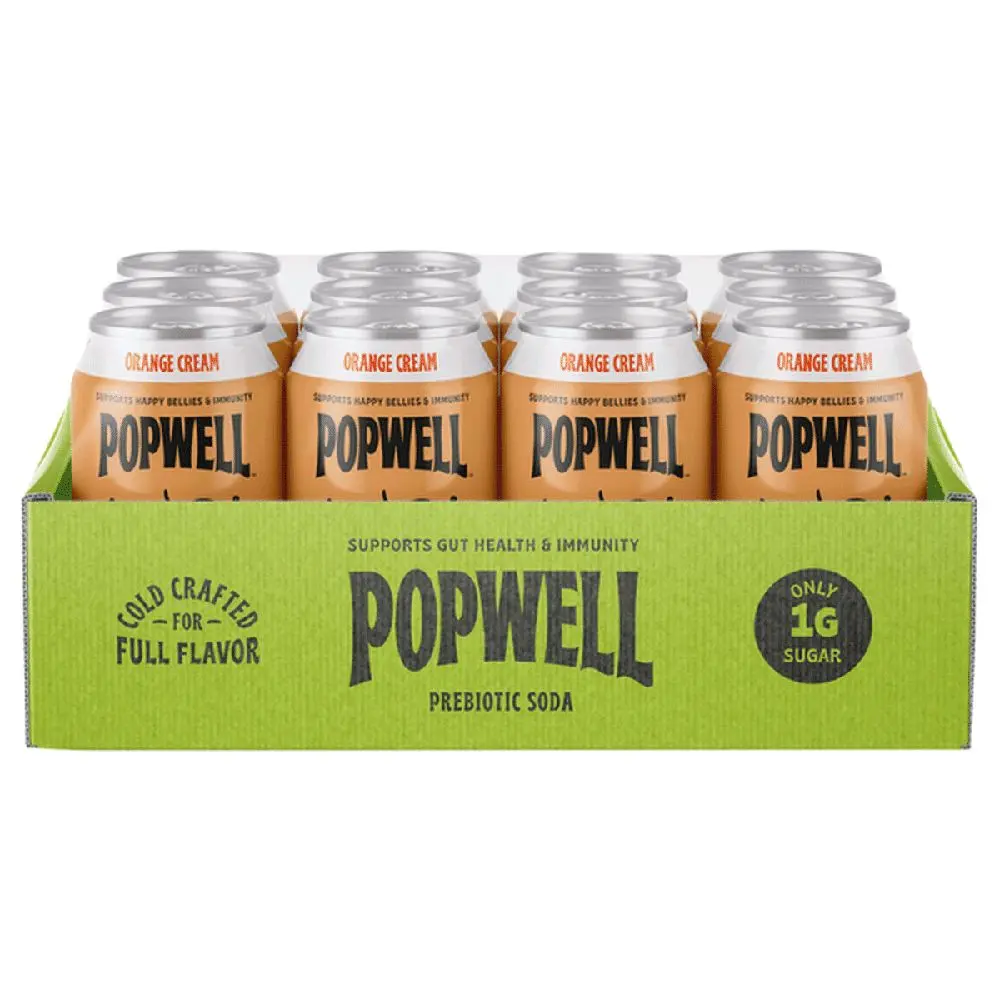 Popwell Orange Cream Caffeinated Prebiotic Soda - Better-For-You Beverage with 6g Fiber, 1g Sugar, Vitamins, Immunity Support, 12 fl oz Cans (Pack of 12)