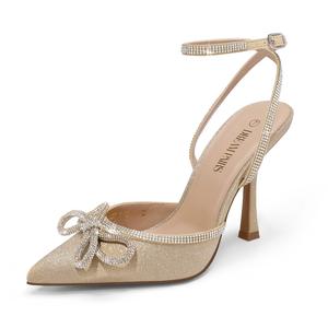 DREAM PAIRS Women's Destiny Rhinestone-Strapped Flare High-Heel Pumps - Pointed Toe, Formal Elegant Party Footwear, Gold Summer Luxury Statement Metallic Sparkly Shoes for Women Graduation