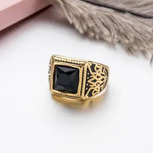 Fashionable Punk Stainless Steel Geometric Texture Black Imitation Zircon Men's Ring