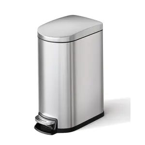 Stainless Steel Bathroom Trash Can with Lid, Slim Waterproof Garbage Can for Bedroom, Small Step-On Metal Trash Bin with Inner Bucket, Rear Handle, Soft Close Lid