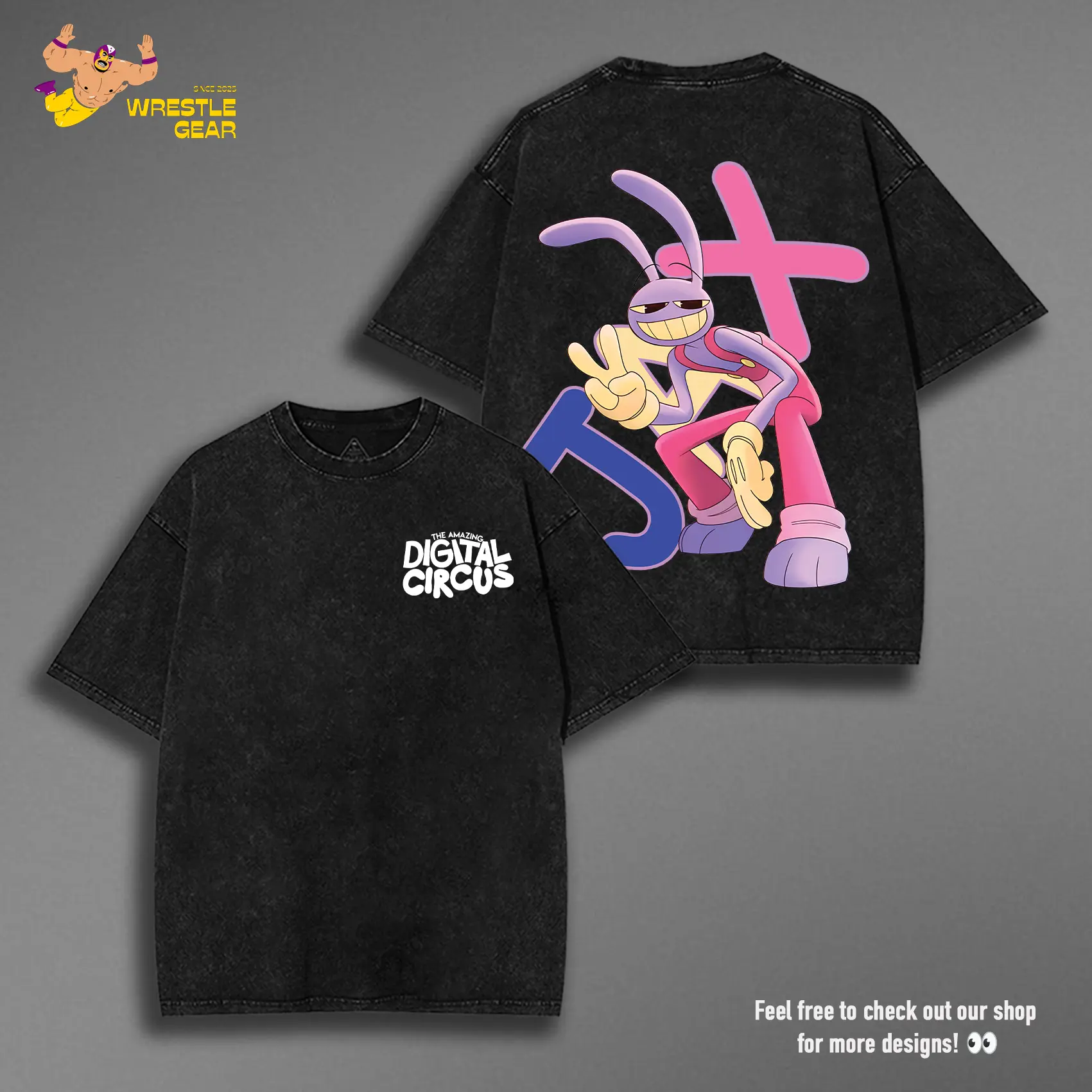 The Amazing Digital Circus Jax Unisex Washed shirt , Cartoon Double Printed Vintage Washed Tee Cotton T-shirt Fabric Menswear Top Collar
