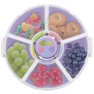 Kids Reusable Rotating Snack Container with 5 Separate Compartments, Color Matching Opening Lid, BPA/PVC-Free, Dishwasher Safe, Perfect for Travel, School Lunches & On-the-Go Snacking-Purple Tableware