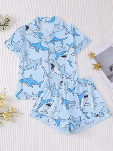 Women's Cartoon Shark Print Pajama Set, Short Sleeve Button Front Top & Elastic Shorts, Casual Home Wear Loungewear, All Seasons Sleepwear