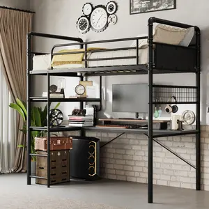 Vintage Brown/Black Metal Loft Bunk Bed Practical L-Shaped Underbed Work Desk Design Tall Anti-Fall Safety Guardrail Solid Sturdy Ladder Multi Purpose Sleeping Bed Easy Assembly Space Saving Ideal For Kids Teens And Adults Bedroom