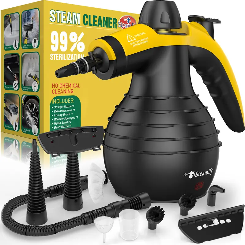 99% Sterilization Handheld Steam Cleaner with 10 Attachments - High-Pressure, Fast Heat-Up for Cars, Grout, Bathrooms, Upholstery - Large Tank, Safety Lock, No Chemical Residue, Includes Nylon Brushes & Squeegees, Steam Cleaner for Car