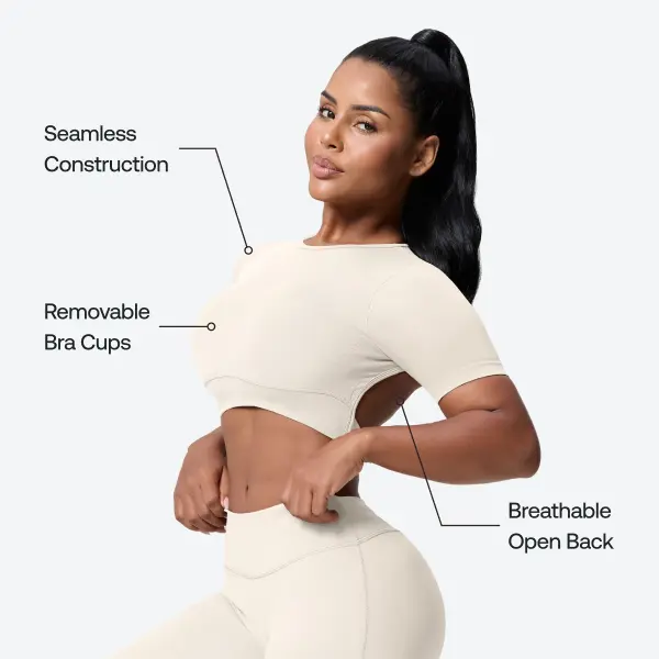 BetterMe Ivory Seamless Knit Crop Top for Women - Backless, Removable Cups, Stretch, Airy Fabric, Open Back Shirt, Female Tops, Yoga Wear, Summer Activewear