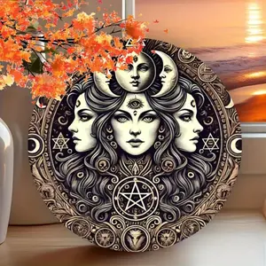 Vintage Hecate Witch aluminum wall art Print Artistic Decoration! Moon & pentagram design, perfect for home/garden/bar, great for Halloween! Graphic Prints