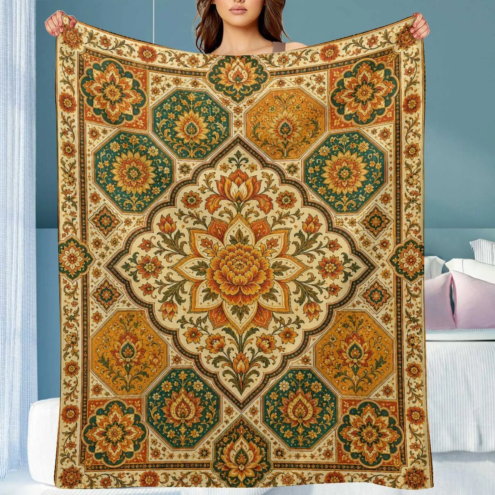 Bohemian Persian Emerald Mosaic Floral Flannel Throw Blanket - 60In × 80In Multi-Size, Wrinkle-Resistant, Durable, Soft, Lightweight All-Season, for Living Room Sofa, Bedroom, Camping, Casual Holiday Gift for Boho Home Lovers