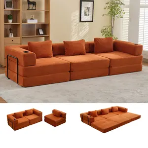 SOUTTEE Combination Modular Floor Sofa Bed with Two Cup Holders High-Quality Corduroy Fabric Free Combination Design Premium Sponge Padding Multifunctional for Small Spaces Living Room Mattress