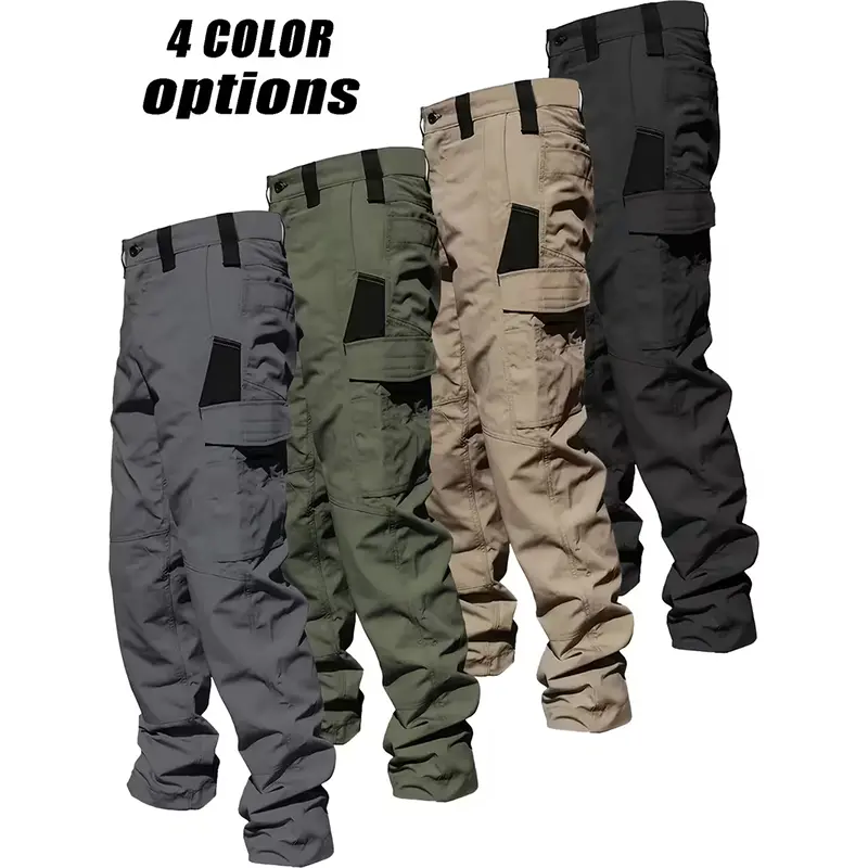 Men's Solid Color Tactical Work Pants, made of 230g fabric with multiple pockets. Durable outdoor training trousers available in various colors. Ideal for outdoor activities, work and camping, perfect for spring and summer wear. Khaki