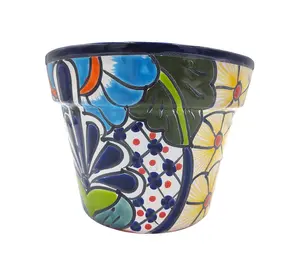 Mexican Talavera Maceta De Granja Planter Pot - Hand Painted with Dark Blue Trim