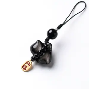 Natural Obsidian Charm, Double-Sided "Blessings & Prosperity" Talisman, Hand-Woven Lucky Pendant for Phone/Key/Bag Stainless Steel Miami Cuban Link Necklace ankh