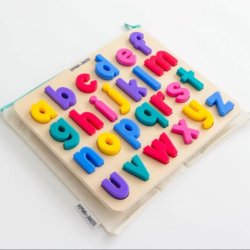 Domino & Juliette xyz Find & Fit Silicone Puzzle for Toddlers & Kids – BPA Free and Dishwasher safe, Wooden and Silicone  ABC Learning Puzzle Set for Fine Motor Skills & Visual Perception Development - Preschool Learning Activity