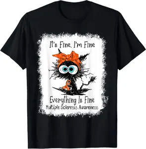 100%cotton Black Cat Its Fine I'm Fine Multiple Sclerosis Bleached T-Shirt Menswear Top
