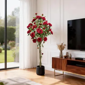5FT Realistic Artificial Rose Tree with Lifelike Red Flowers & Thick Trunk, Faux Potted Topiary Plant for Indoor and Outdoor Home or Office Decor