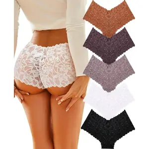 Sexy Underwear Panties for Women Cheeky V Waist Lace Boyshorts Lingerie Plus Size Underwear Gift Wife Women 5 Pack