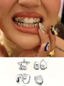 4Pcs Women's Teeth Grillz Design, Hollow Out Pentagram Star Face, Copper Material Hip Hop Fashion Jewelry, Set of 4 Pieces, Tooth Gems