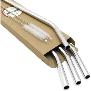 Big Drinking Straws Reusable 12 Inches Extra Long 9mm Extra Wide SUS 304 Food-Grade 18/8 Stainless Steel - Set of 4 with 2 Cleaning Brushes - Bent