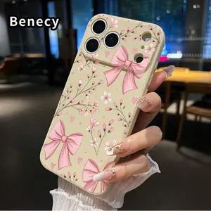 Straight Edge TPU Phone Case for iPhone 17 15 16 14 Pro Max 13 12 11 XR XS Plus Air E Blossom Bow Delight Pattern Drop Protection Shockproof Soft Liquid Silicone Smartphone Cover