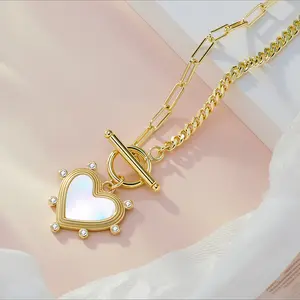 14K Gold-Plated Copper Heart & Shell Necklace — OT Clasp — Flat Wire & Cuban Chain Mix — Unique Design for Women — Mother's Day Gift — Birthday Gift