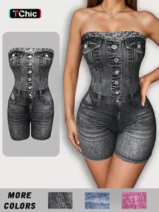 Women's Denim-effect Print Button Tube Romper, Casual Strapless Skinny Romper for Daily Outdoor Wear, Ladies Clothes for Summer, Pockets, Bodycon Jumpsuit