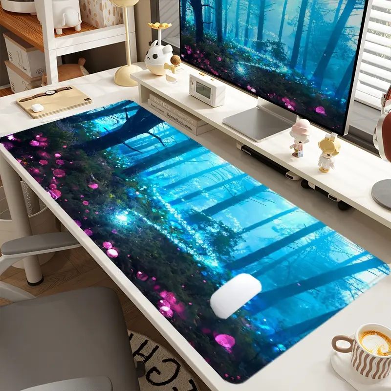 1pc Extra Large Fluorescent Forest Scene Mouse Pad Fantasy Desk Pad,Computer Keyboard Mousepad with Non - Slip Rubber Base Durable Stitched Edge Perfect Gift for Home and Office Gaming Desk Accessory, Office Desk Accessories