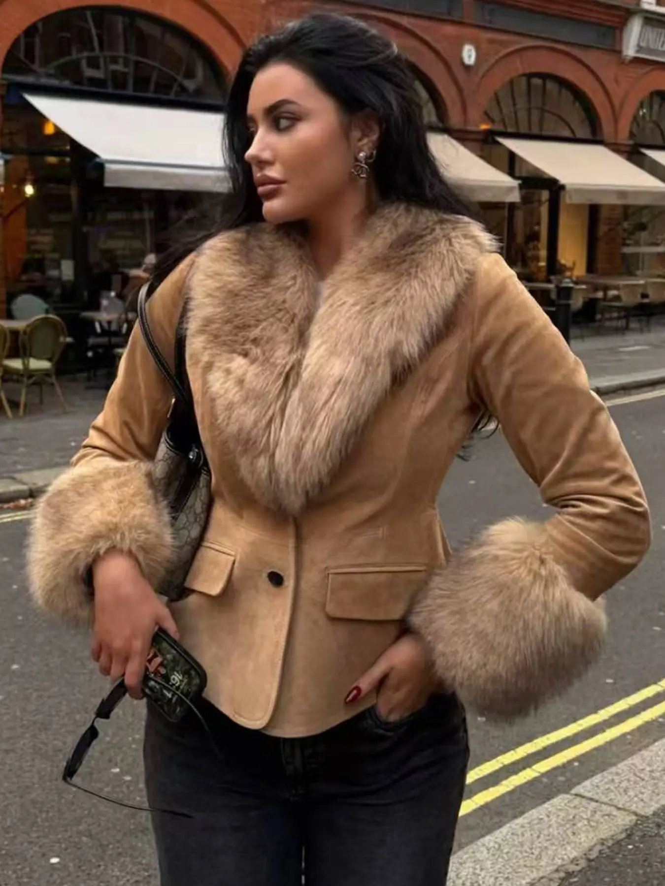 Fashion Women's Jacket Suede Faux Fur Jacket Fall/Winter Camel Collared Button Long Sleeve Outerwears New In Coats & Jackets Elegant Slim Fitted Coats For Woman Lady Womenswear Casual Fashionable Jacket Casual Chic Outerwear