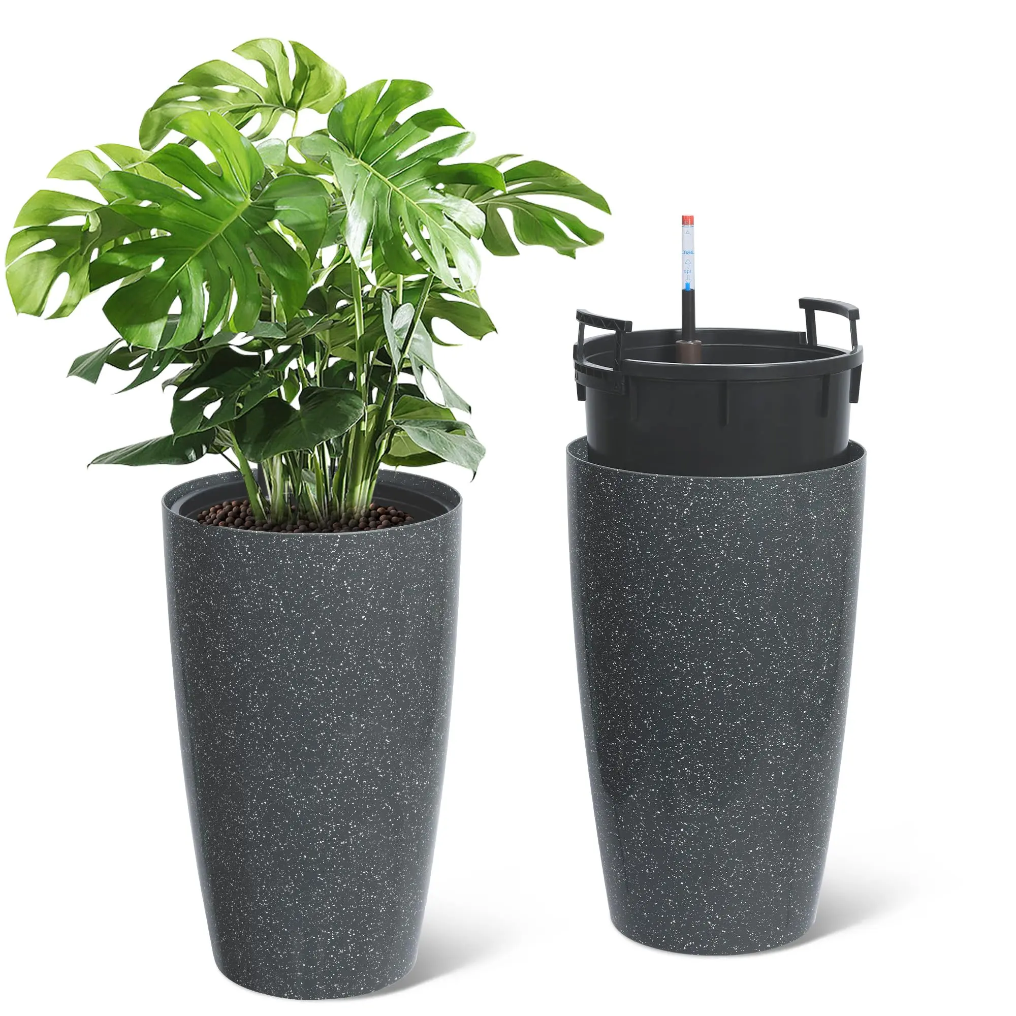 Self-Watering Planter Set of 2 – 16" & 22" Tall, Large Modern White & Black Plastic Flower Pots with Built-In Drainage, Self-Watering Planter Set , for Indoor/Outdoor, Patio, Porch, Living Room, Office