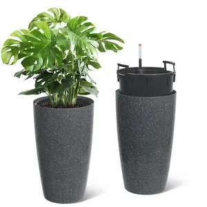 Self-Watering Planter Set of 2 – 16" & 22" Tall, Large Modern White & Black Plastic Flower Pots with Built-In Drainage, Self-Watering Planter Set , for Indoor/Outdoor, Patio, Porch, Living Room, Office