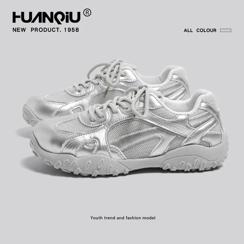 HUANQIU Women's Retro Metallic Silver Sneakers -  Style Chunky Dad Shoes, Breathable Mesh Casual Athletic Walking Shoes, Trendy Streetwear Fashion Trainers