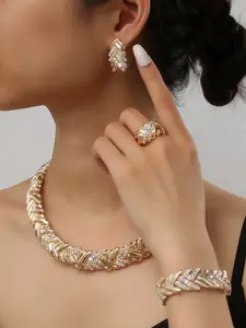 Traditional Bride Jewelry Set Gold Wheat Design with Rhinestones 4-Piece Set for Daily Wear Elegant Versatile Bridal Accessories
