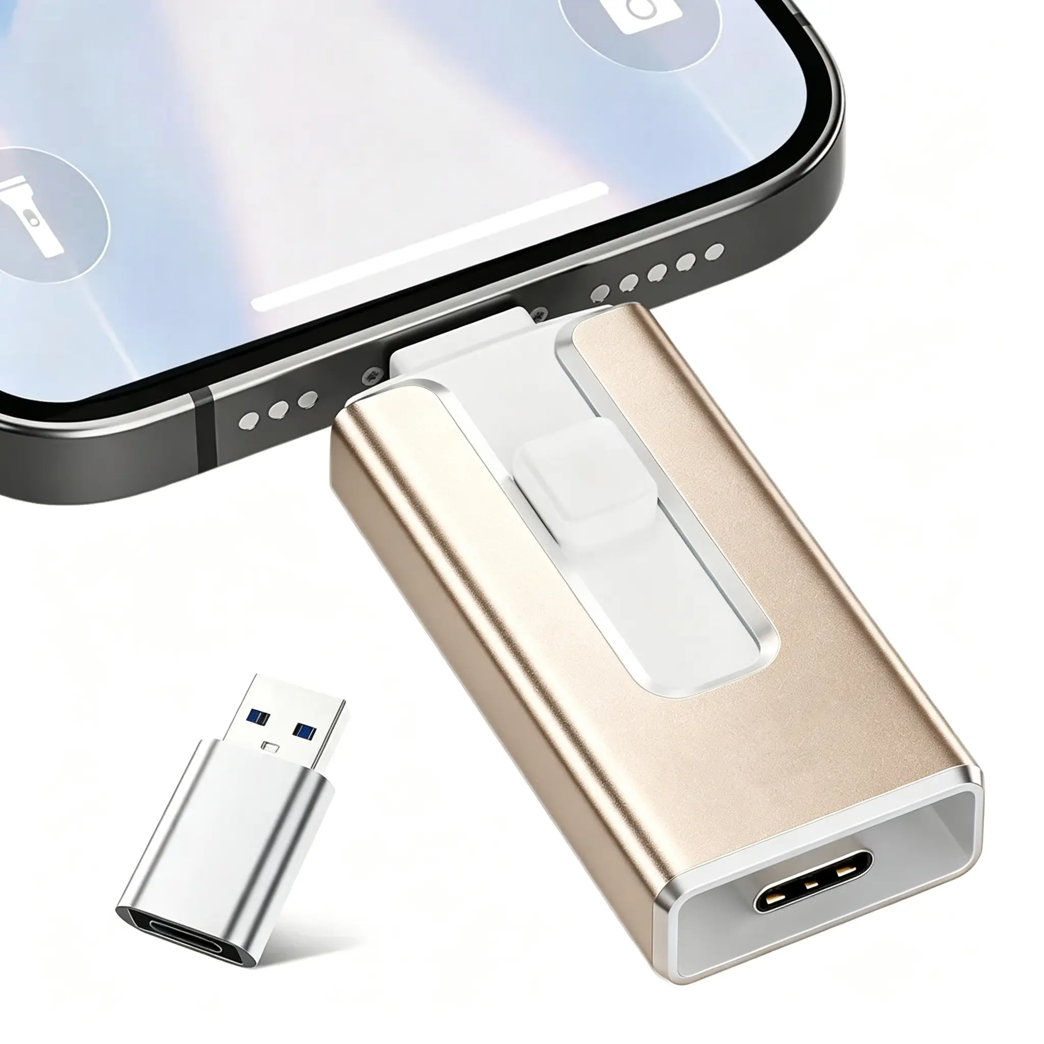 Multi-Device Triple-Port Universal Stick Flash Drive, OTG External Data Storage with File Backup for iPhone, iPad, Android, PC