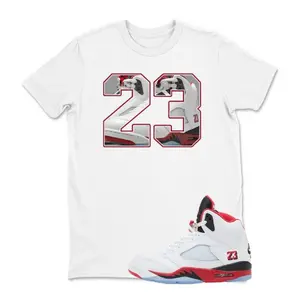 5 Fire Red Shirt, Fire Red 5s Graphic Tee, Number 23 Unisex T-Shirt Matching Jordan 5 Fire Red Sneaker, White Red Outfit, 100% Cotton, Casual Everyday Wear