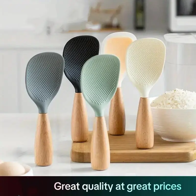 Silicone Spoon with Wooden Handle 1PC Heat-Resistant & Non-Stick Safe Rice Spoon Heat-Insulated Comfort Grip Durable Kitchen Utensil for Home & Restaurant Must-Have Practical Cooking Gadget -RR