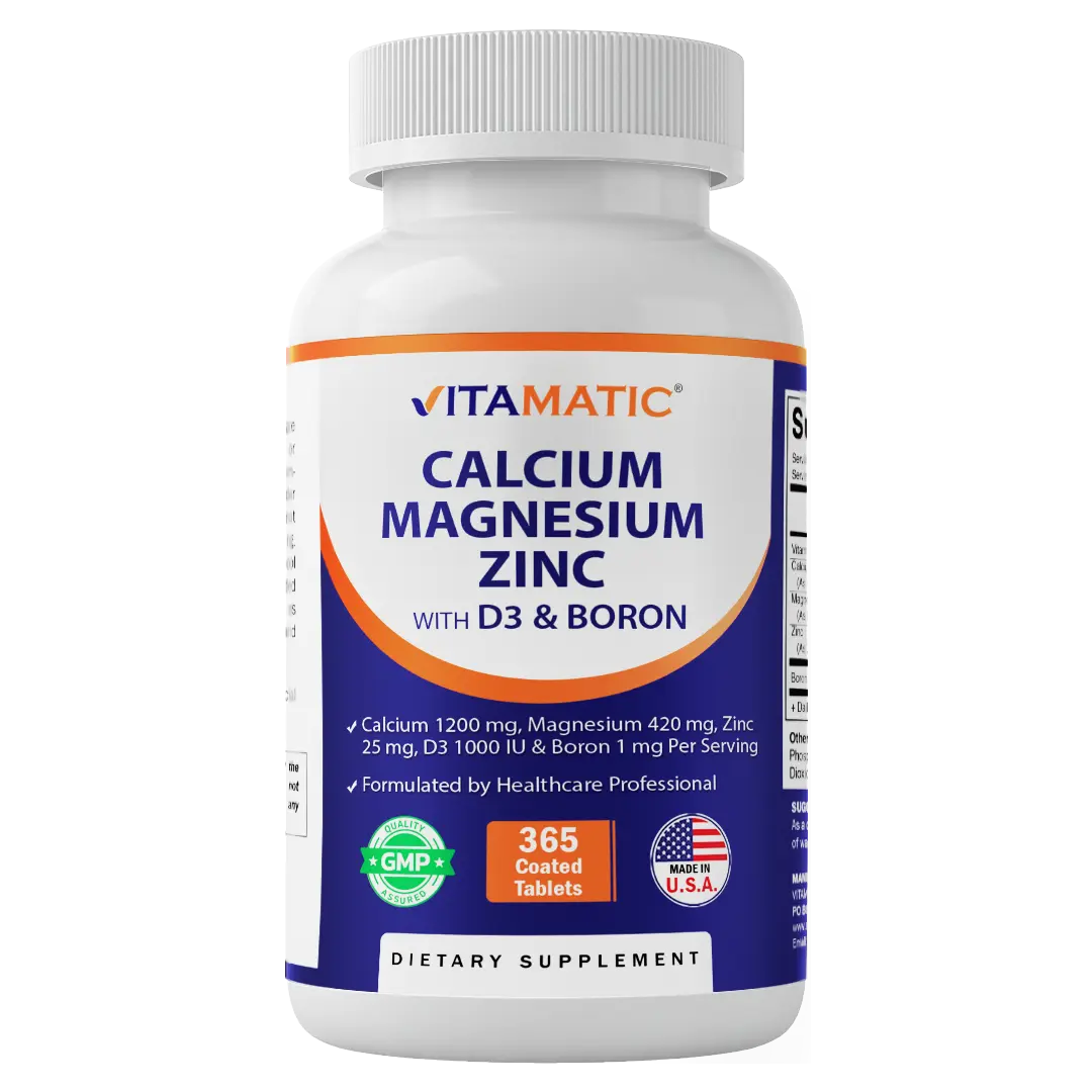 Vitamatic Vitamin Calcium Magnesium Zinc D3 Boron Tablet-Based Dietary Supplement - 365 Coated Tablets, Daily Magnesium Support, Metabolism Boost, Multi-Ingredient Mineral Formula, Non-GMO, Gluten Free, Made in USA, Sugar Free, Dairy Free