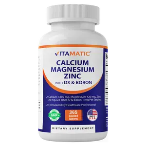 Vitamatic Calcium Magnesium Zinc D3 Boron 365 Coated Tablets Supplement - 365 Tablets, Non-GMO, Gluten Free, Made in USA, Dietary Supplement