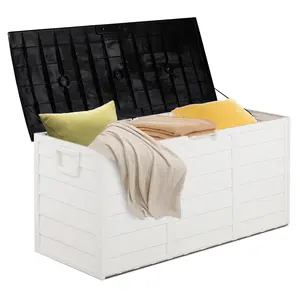 75-Gallon Outdoor Plastic Deck Storage Box with Wheels, Lockable Chest for Tools, Cushions, Toys, Weather-Resistant, 110lbs Capacity, Black