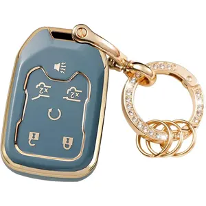 Key Fob Cover Compatible with Chevy Chevrolet Suburban Tahoe GMC Terrain Yukon Yukon XL Smart 6 Buttons TPU Remote Keyless Key Fob Case Protection Shell Accessories Blue with Metal Keychain