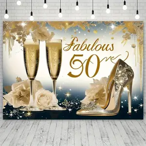 50th Birthday Party Backdrop, Champagne & High Heels Pattern Fabulous 50th Birthday Photography Background, Party Decoration Supplies, Banners, Festive