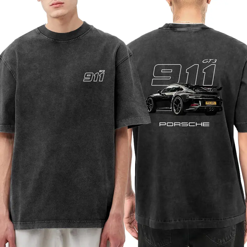 911 GT3 Racing Tshirt Unisex Fit Washed Cotton T-Shirt Oversize Menswear Tops Streetwear Round Neck shirt, Heavyweight Vintage Washed Grey Porsche 911 GT3 Graphic T-Shirt,Retro German Supercar Track Day Streetwear Tee