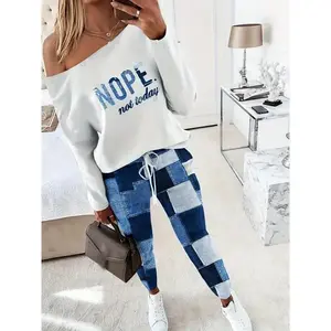 2 Piece Outfit Nope Not Today Print Skew Neck Long Sleeve Pullover Top with Stretchy Waist Long Pants Tracksuit Jogger Set