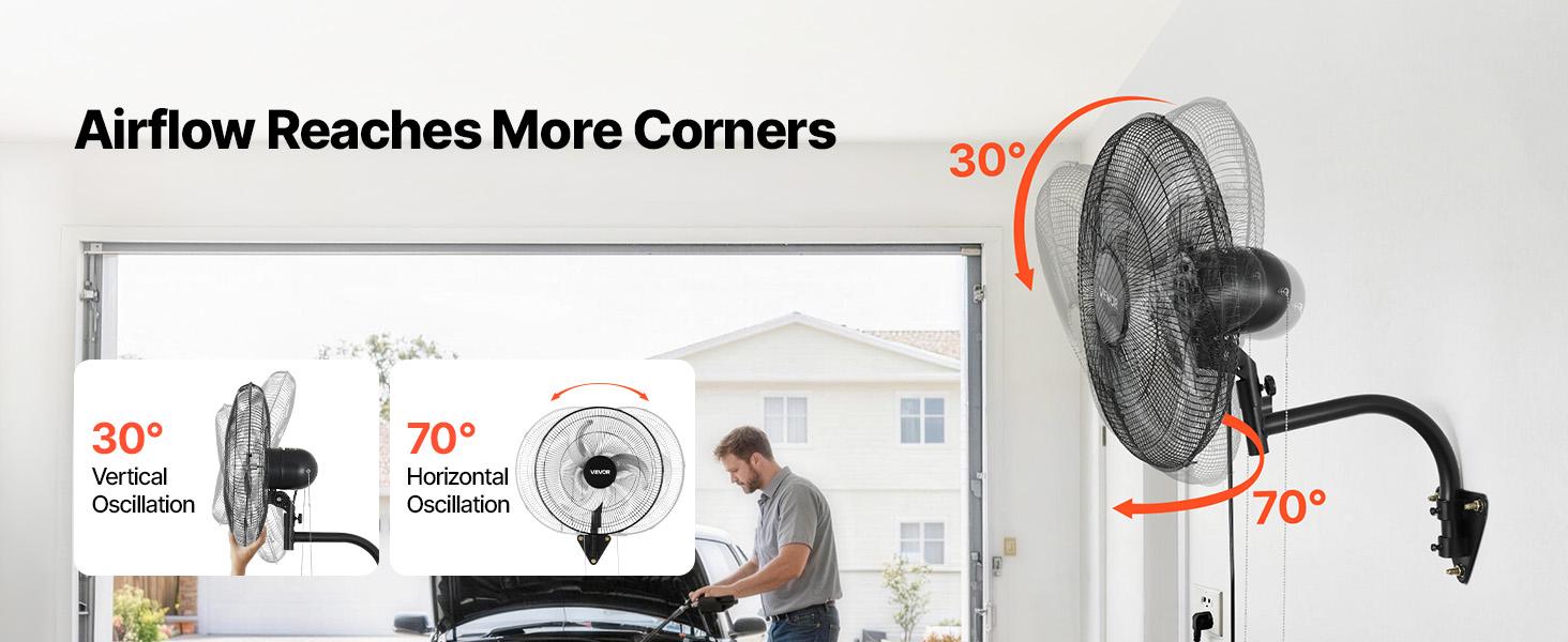 VEVOR 2-Pack 18 in Wall Mount Fans, Oscillating Wall-Mounted Cooling Fans with 3 Speeds, Long Airflow Distance, Adjustable Rotation Angle, Mechanical Powerful for Garage, Workshop, Cooling Fan