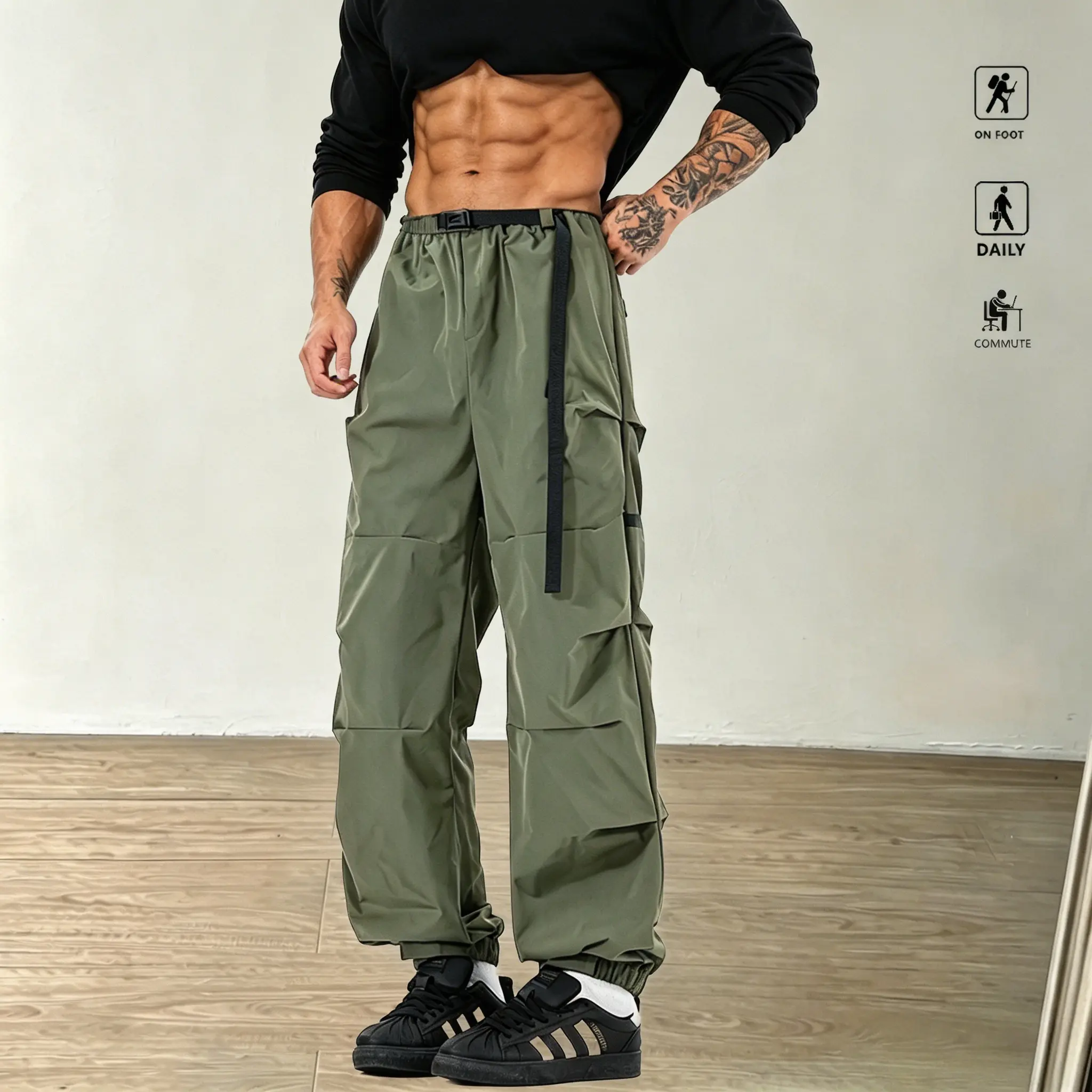 Men’s functional cargo jogger pants — quick-drying, waterproof, multi-pocket tactical paratrooper pants; loose, ruched casual athletic long pants for outdoor hiking