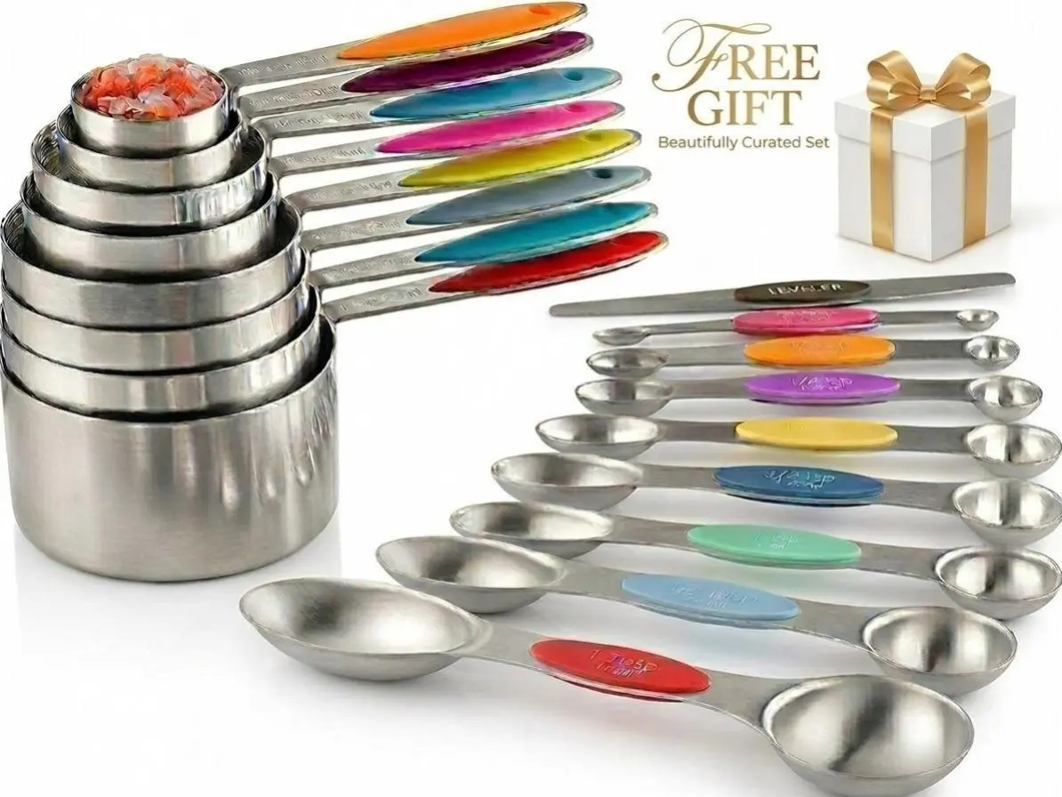 16 Pcs Stainless Steel Measuring Cups & Magnetic Spoons Set – Engraved Spoons & Cups, Nesting Design, Leveler Included. Free Gift Inside