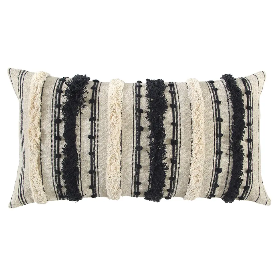 Textured Beige & Black Rectangular Lumbar Pillow - Cotton Fabric, 360 Stand, Embroidered Eyelash Fringe, Mixed Embroidery, Zippered Back, Natural Finish, Coastal Bohemian Modern Style, Artisan Design, Lumbar Pillows